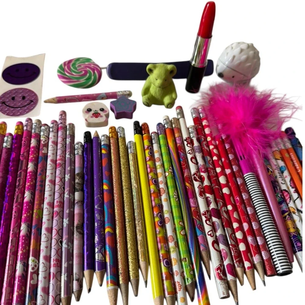 Y2K Vintage Girly Pencils Erasers Stickers Lot 60+ Novelty School‎ Supplies B20Q